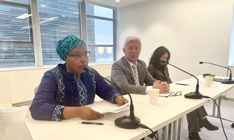 Ms Alice Wairimu Nderitu, United Nations Special Adviser on the Prevention of Genocide (UNOSAPG), speaks at the high level segment of the 10th Annual Symposium on the Role of Religion and Faith-based Organizations in International Affairs, accompanied by the moderators of the session, Mr Rudelmar Bueno de Faria, ACT Alliance general secretary, and Ms Simona Cruciani, Senior Political Affairs Officer, UN Office of the UNOSAPG.
