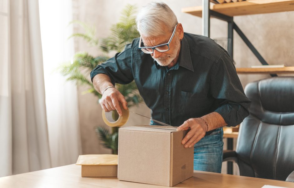 man taping a box shut